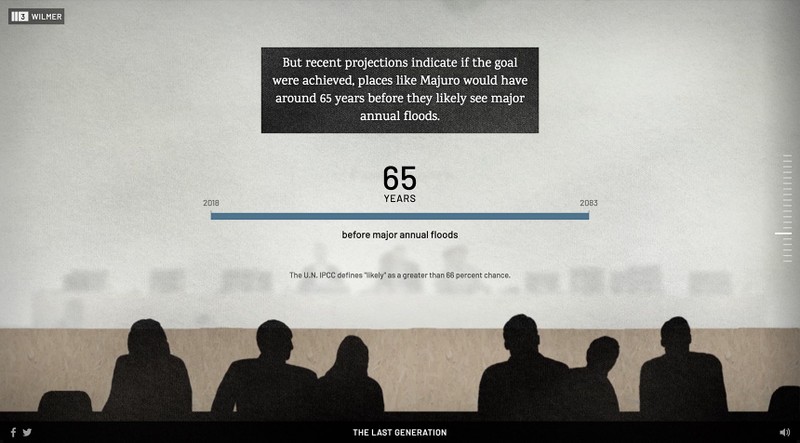 A simple bar graph showing “65 years before major annual floods” with silhouette illustrations of people at a conference at the bottom of the image.