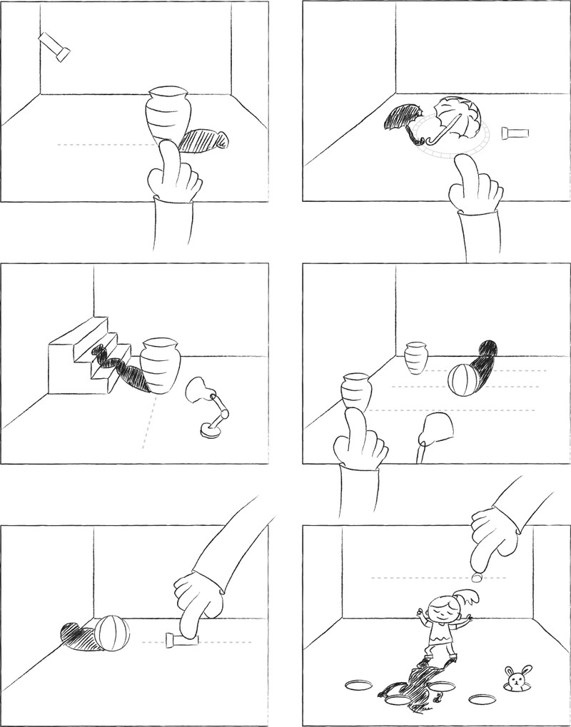 Thumbnail sketches showing a game where the user can manipulate lights and objects to create different shadows.