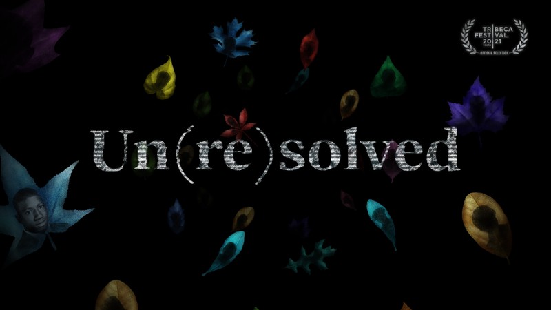 A black background with an array of colorful leaves arranged in 3D space. Each leaf has a dark silhouette of a person on it. Large text across the center reads “Un(re)solved.”