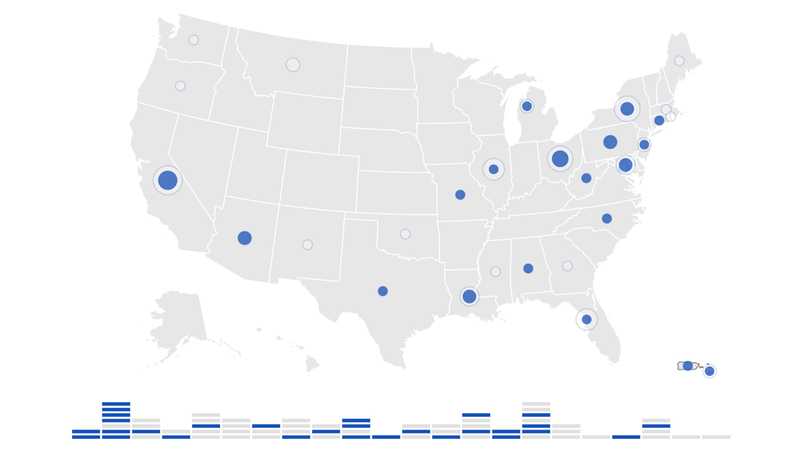 There is a map with a scrolling list next to it showing investigations of police departments.