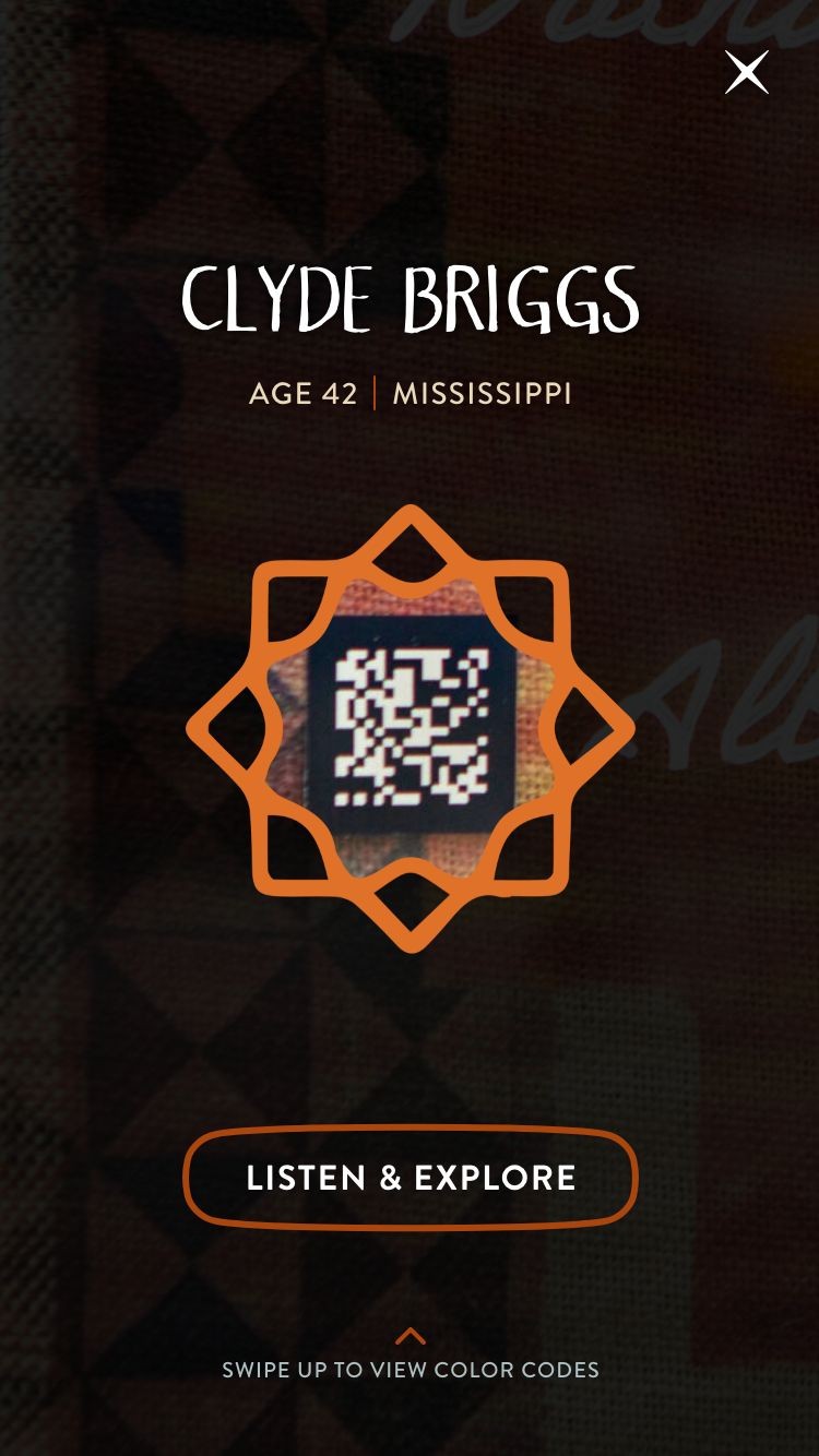 An Un(re)solved app interface screen showing the name, “Clyde Briggs,” width an orange, circular quilt icon and a button reading, “Listen & Explore.”