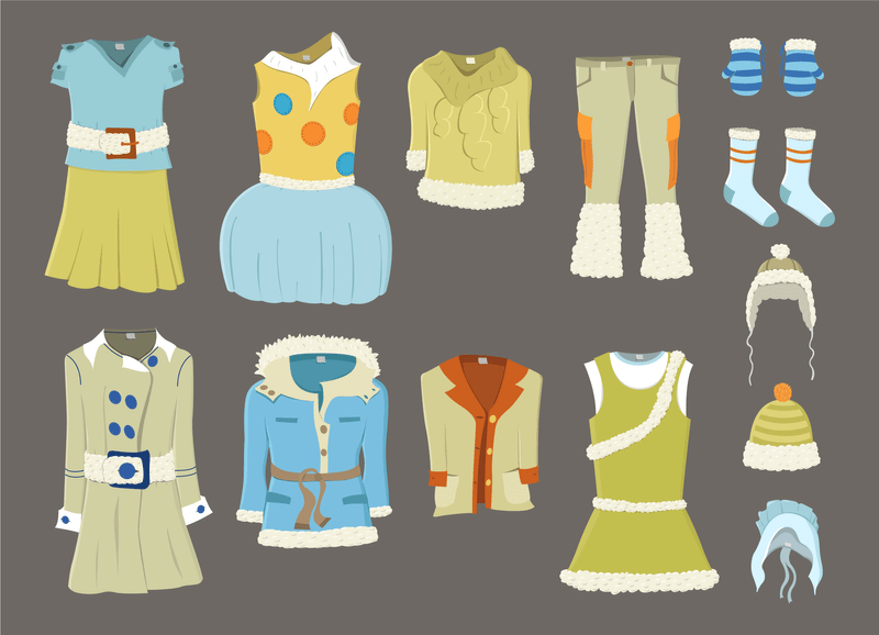 An illustration showing all the clothes in Helga's fashion line: various dresses, coats, sweaters, socks, mittens and hats.