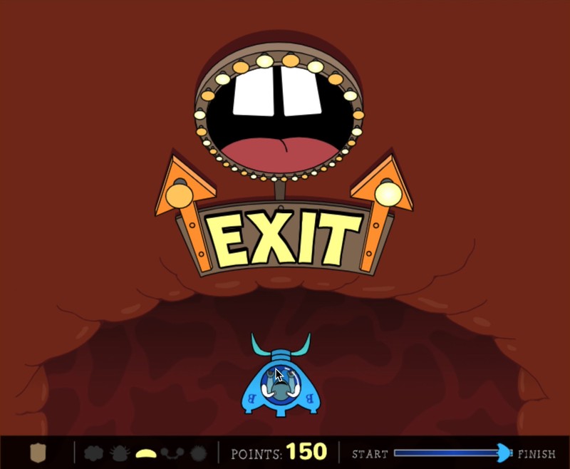 Buster's ship leaves the lungs and the game level, about to enter a big “EXIT” tunnel.