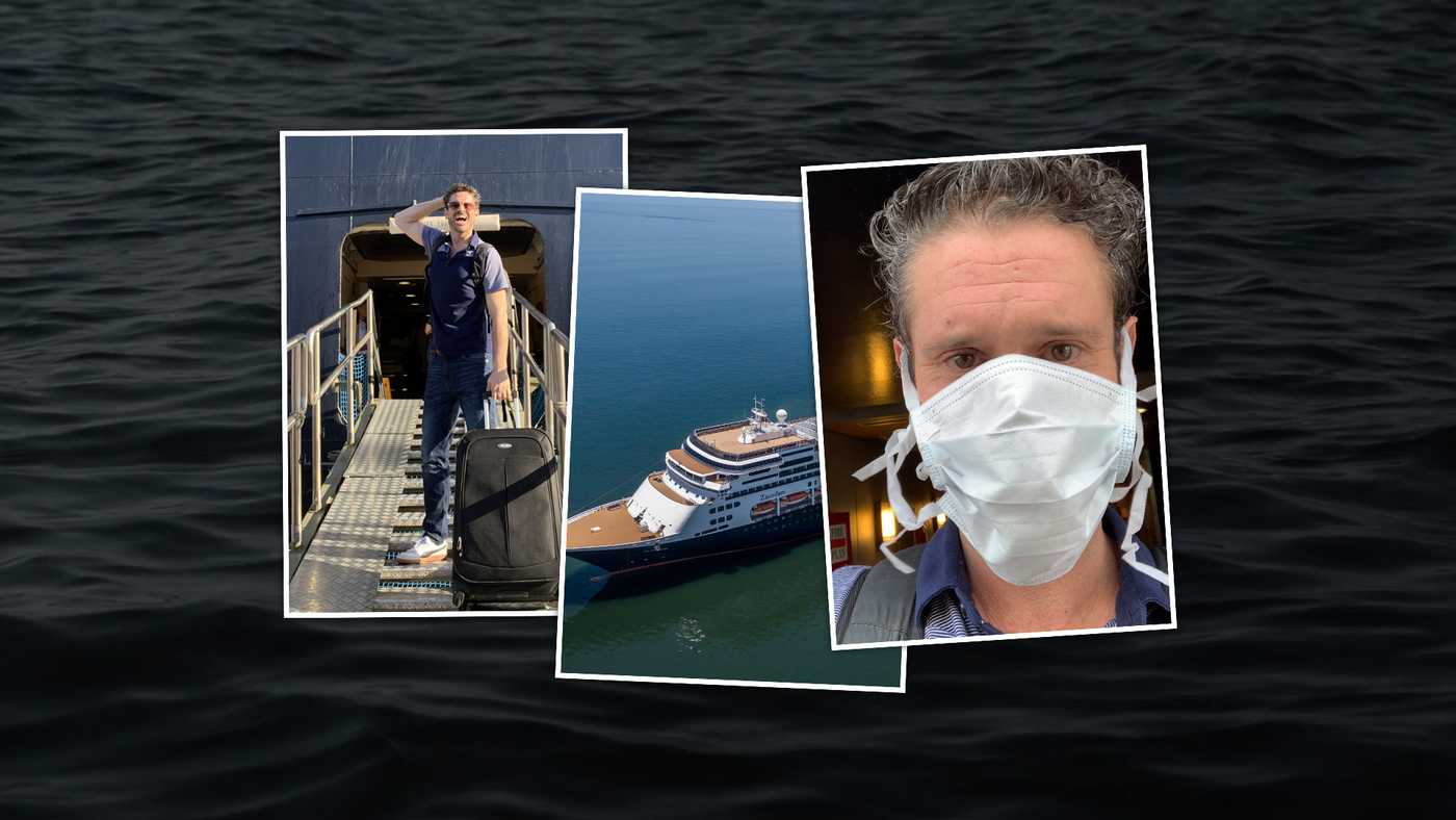 A collage image of three photos on top of a dark ocean background. The first photo shows a man smiling with luggage on a boat ramp; the second photo is of a cruise ship; the third photo shows the same man wearing a surgical mask.