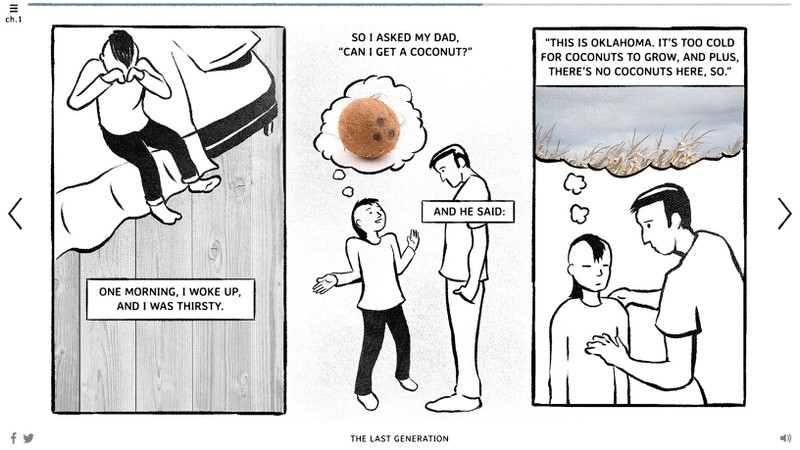 Comic book style illustrations of Izerman asking his dad for a coconut.