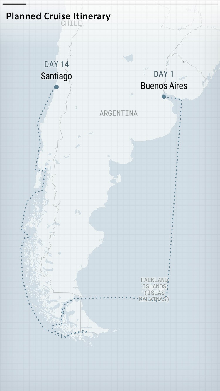 A map of lower South America showing the planned cruise ship route.