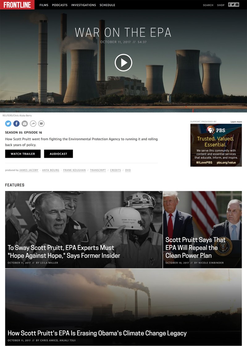 An example film page design, here showing the film War on the EPA.