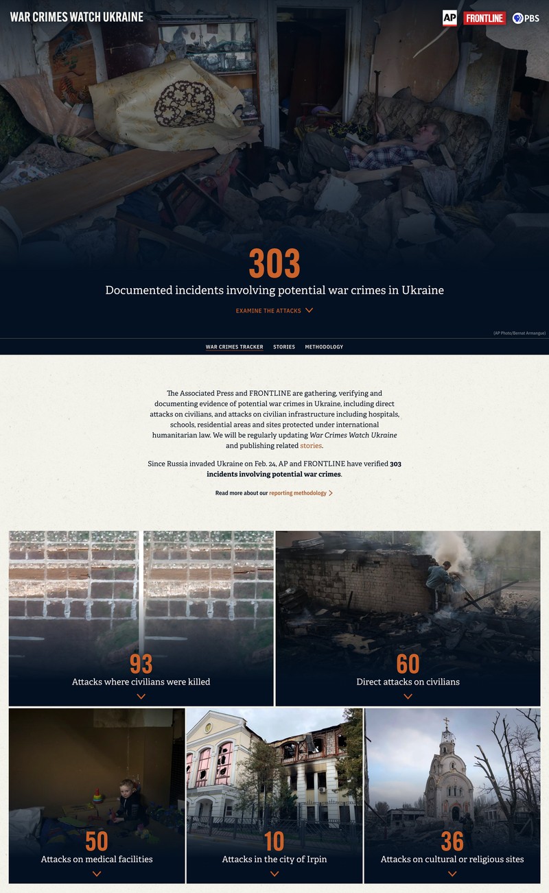 A web application screenshot showing imagery of potential war crimes in Ukraine with graphic text showing the number of potential war crimes currently documented: 303.