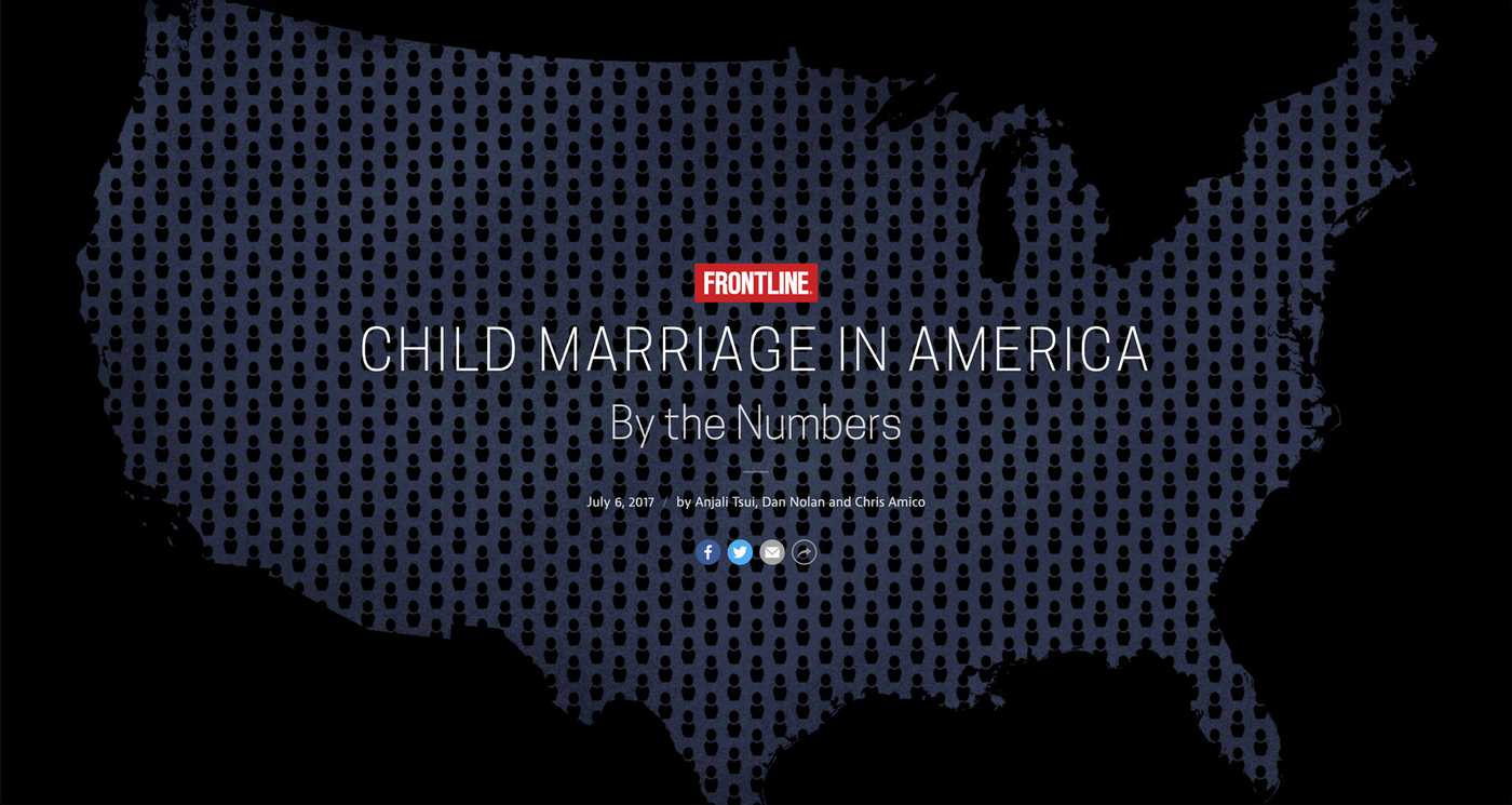 An illustrated map of the United States textured with small icons of people. Title text reads, “Child Marriage In America By the Numbers.”