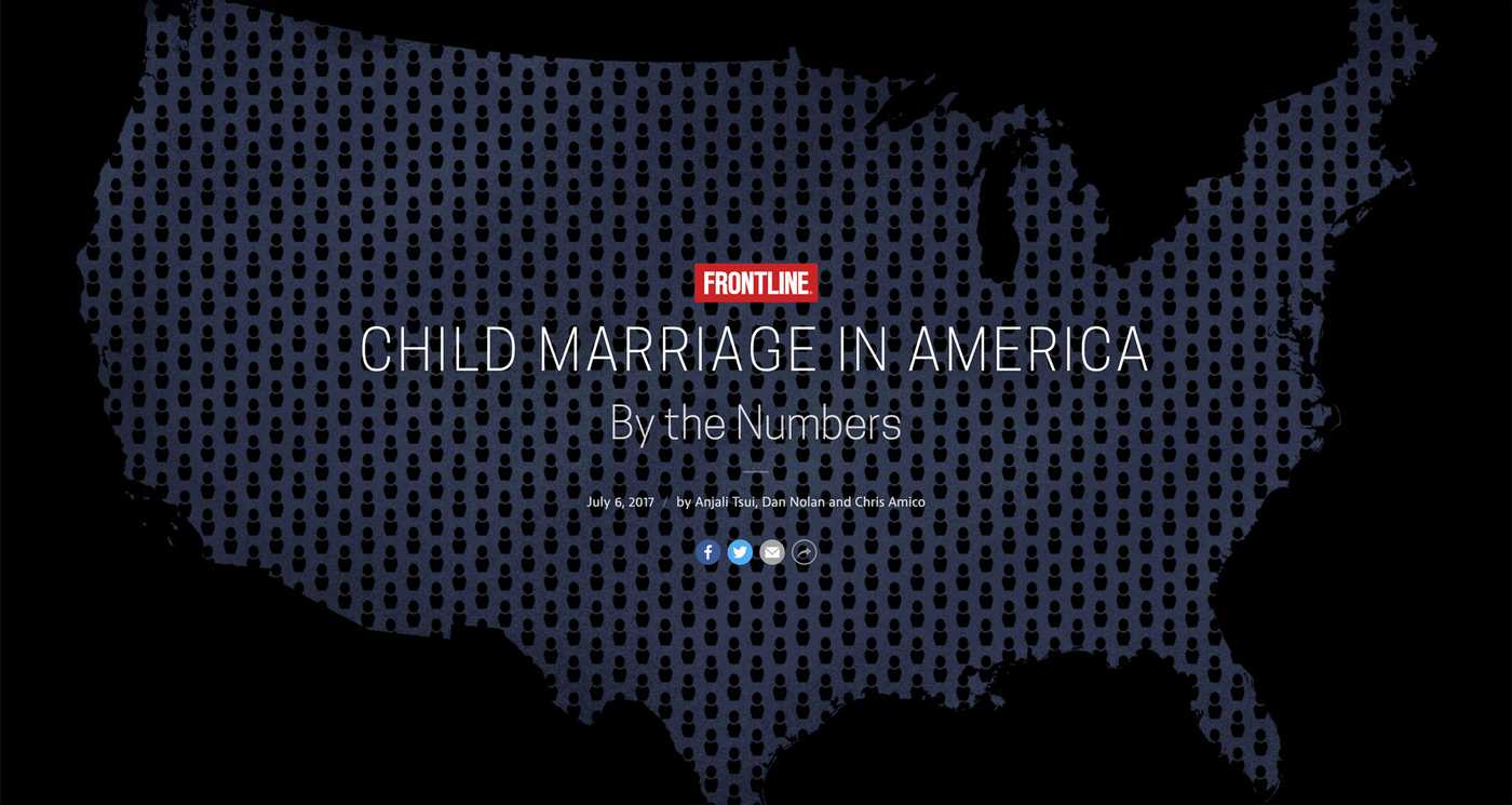 An illustrated map of the United States textured with small icons of people. Title text reads, “Child Marriage In America By the Numbers.”