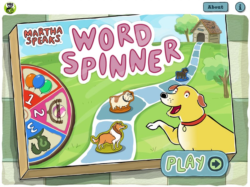 An app screen featuring Matha the dog and showing the title, “Martha Speaks Word Spinner.”
