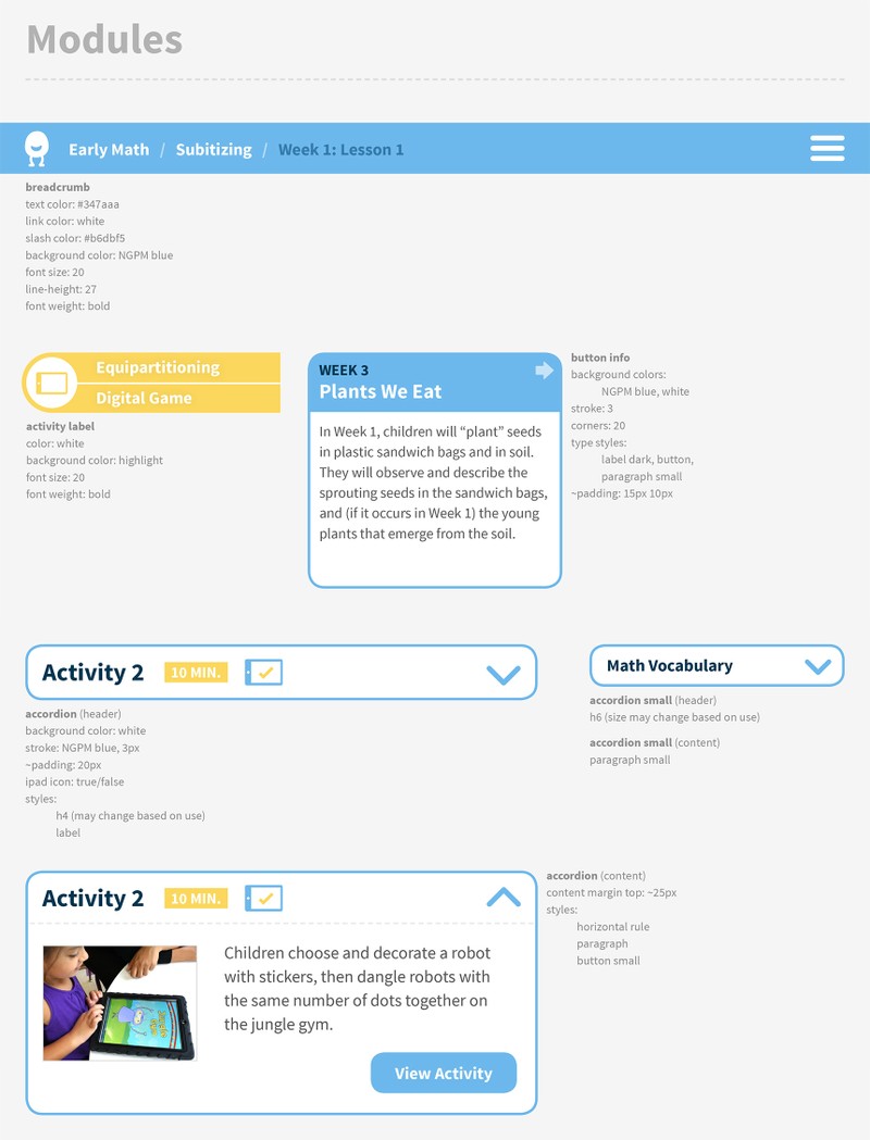 The style guide showing labels, navigation and other interactive components.