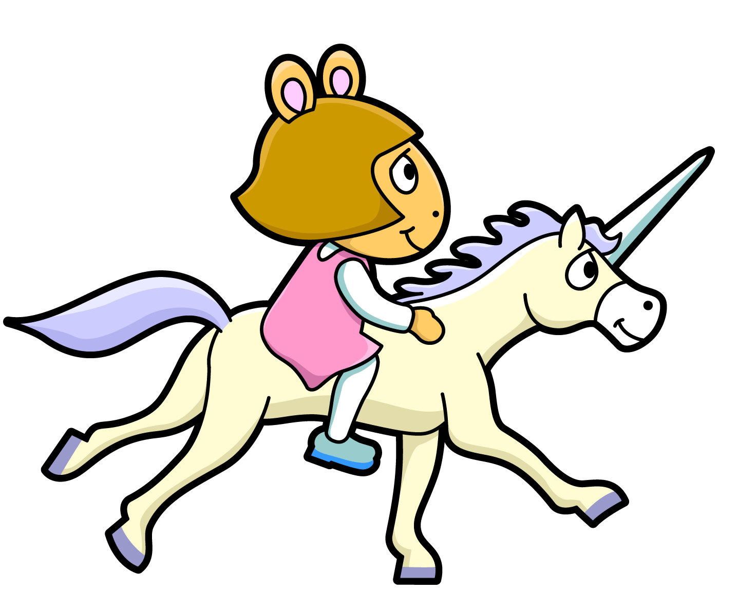 An animation of D.W. riding a unicorn.