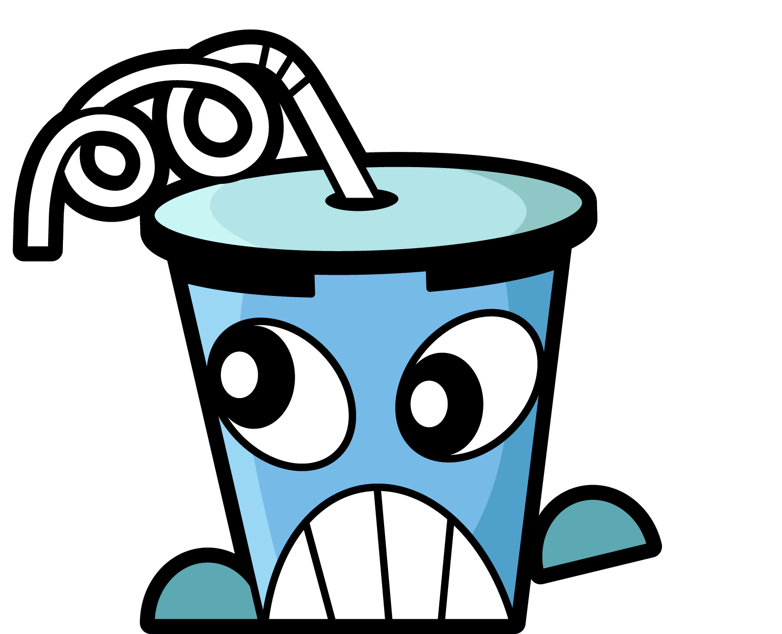 An animated soda container with a face.