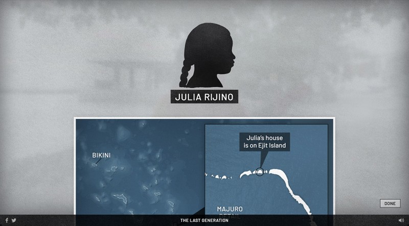 An illustrated silhouette of “Julia Rijino” is shown above a map of Bikini atoll that points out where Julia's house is.