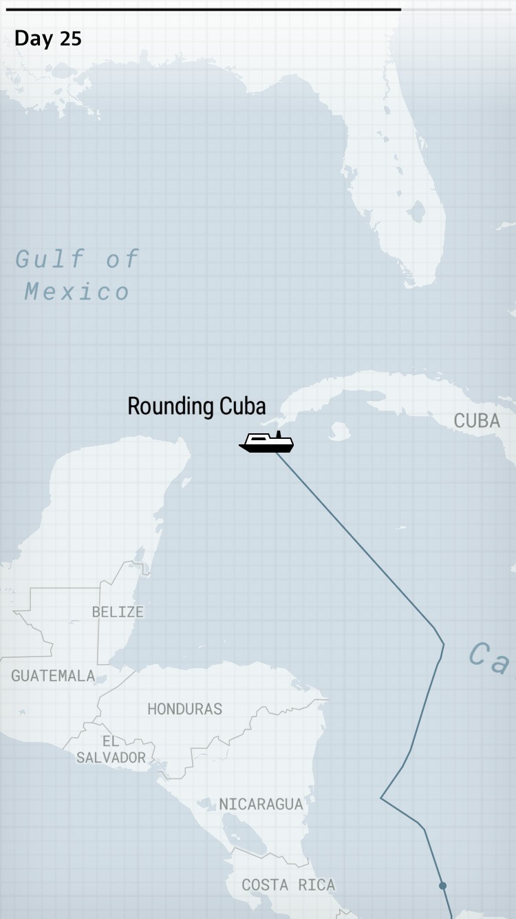 A map of Central America, Cuba and Florida showing the cruise ship's path around Cuba.