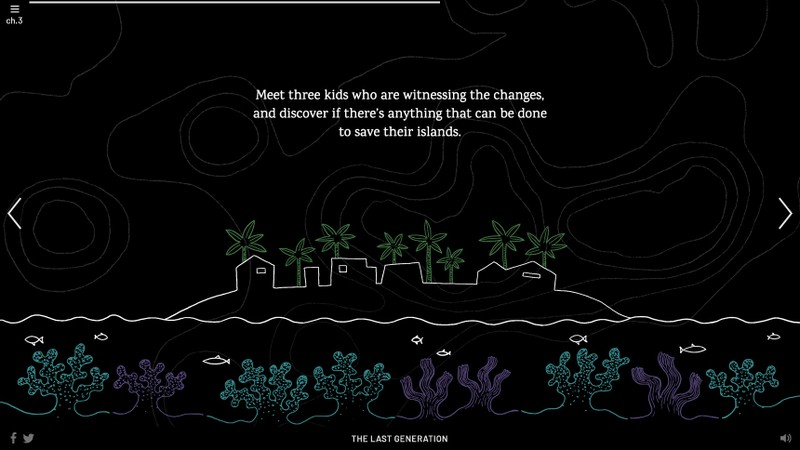 A line illustration on a black background showing an island in profile with green trees and colorful coral in the water.