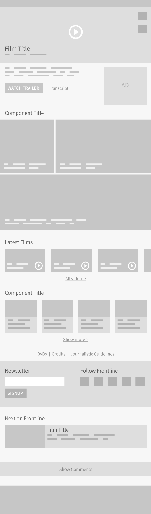 A low fidelity wireframe of a film page.