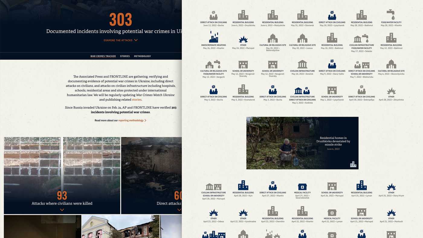 A composite image showing two screenshots of a web application and database. The first image shows photographs of war crimes and text describing the number of current potential war crimes; the second image shows a list of potential war crimes represented by icons.