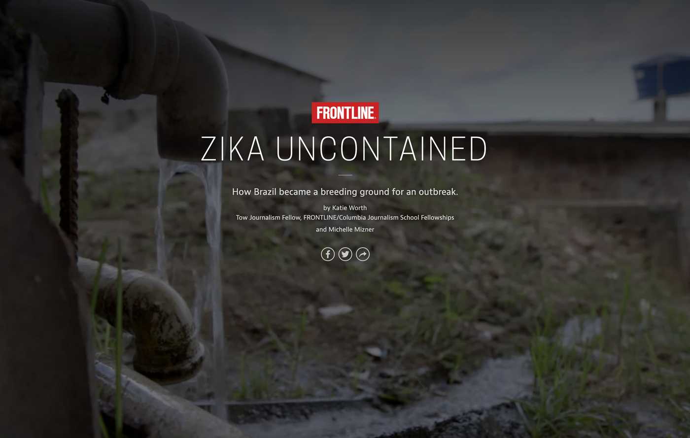 There is a pipe with water pouring out of it onto the ground outside, the title text reads, “Zika Uncontained.”