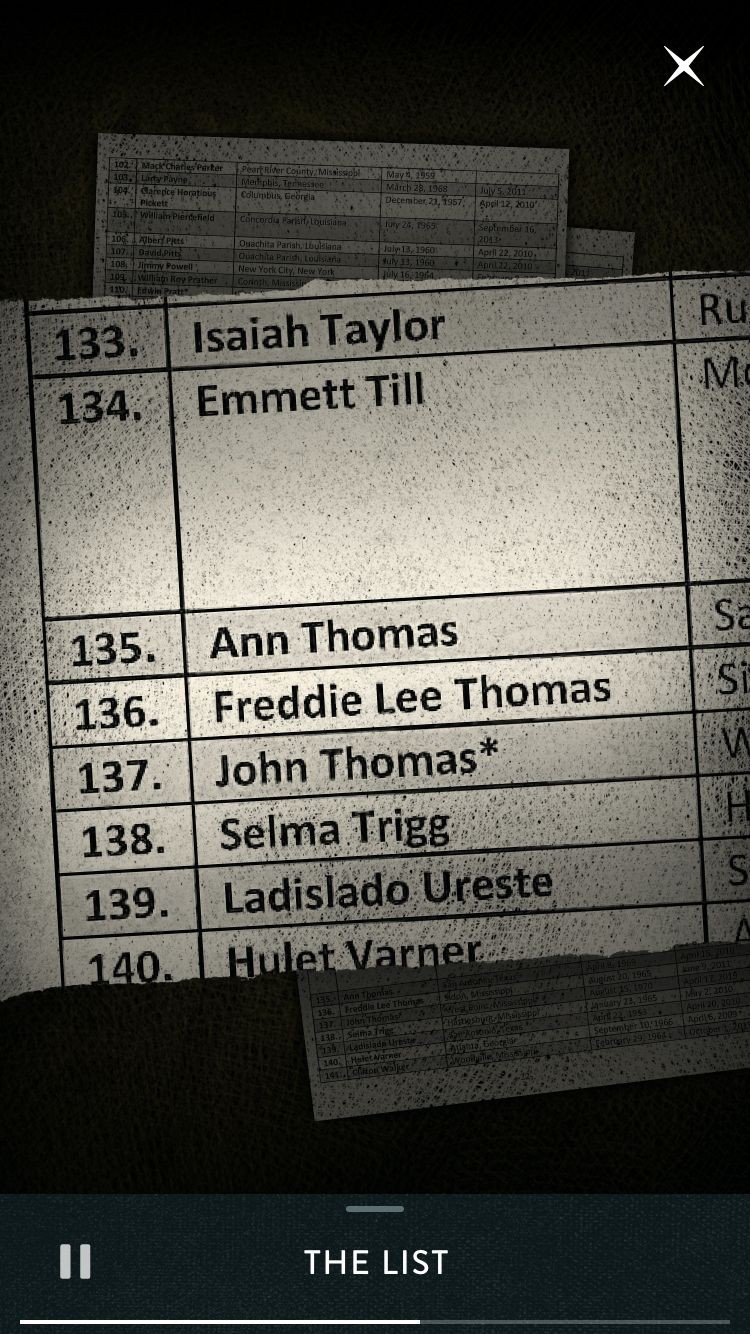 An app screen with a collaged image of a list of names from the Emmett Till Unsolved Civil Rights Crime Act. There's an audio player at the bottom labeled “The List.”