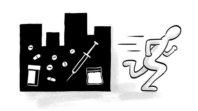 An illustration of a character running from abstracted buildings and a group of pills, powder and a needle representing drugs.