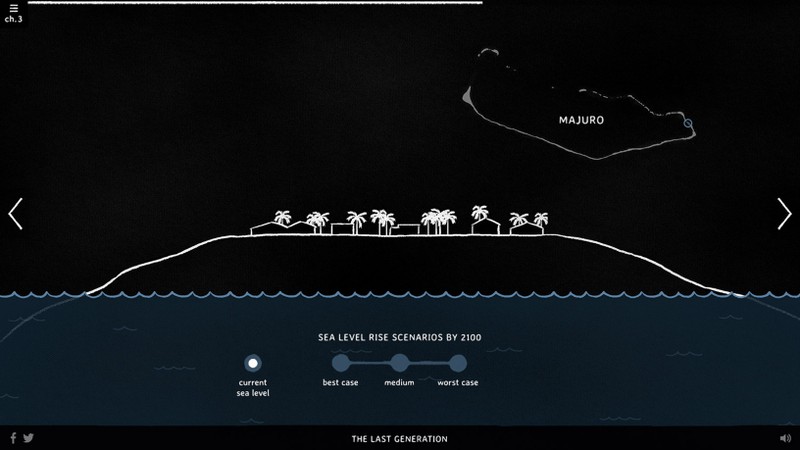A white line drawing of an island in profile with a user interface describing different sea level rise scenarios.