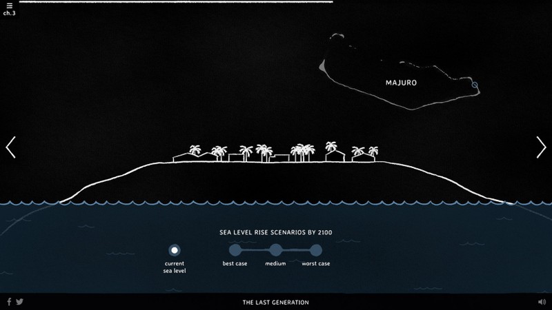 A white line drawing of an island in profile with a user interface describing different sea level rise scenarios.