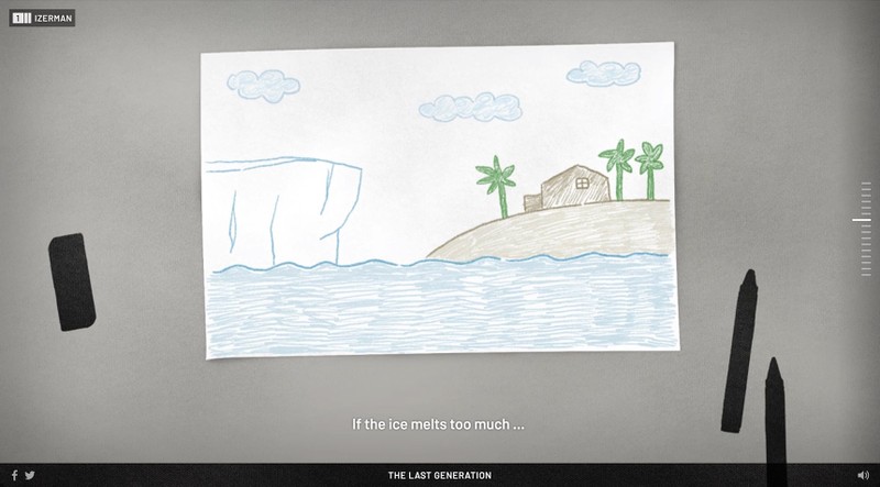 A still frame of an animation showing a childrens illustration of an iceberg and an island in the ocean.