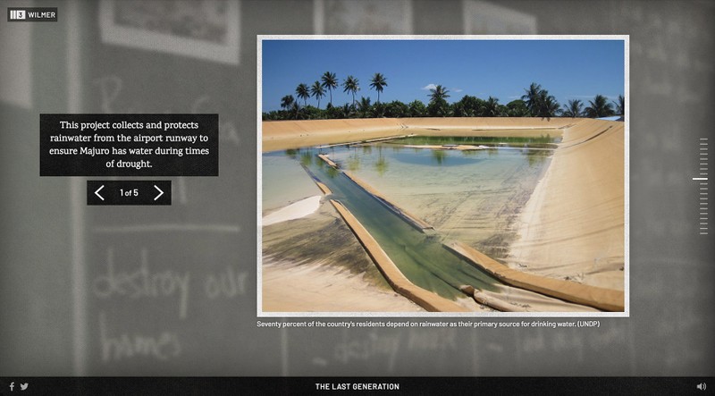 A screen showing the user interface and layout of the gallery template design. There is an image of water being collected from an airport runway to help mitigate drought.
