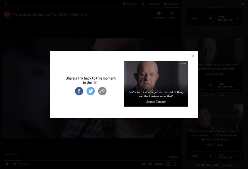 A modal overlay window with a quote and photo from an interview subject has a prompt to share this moment.