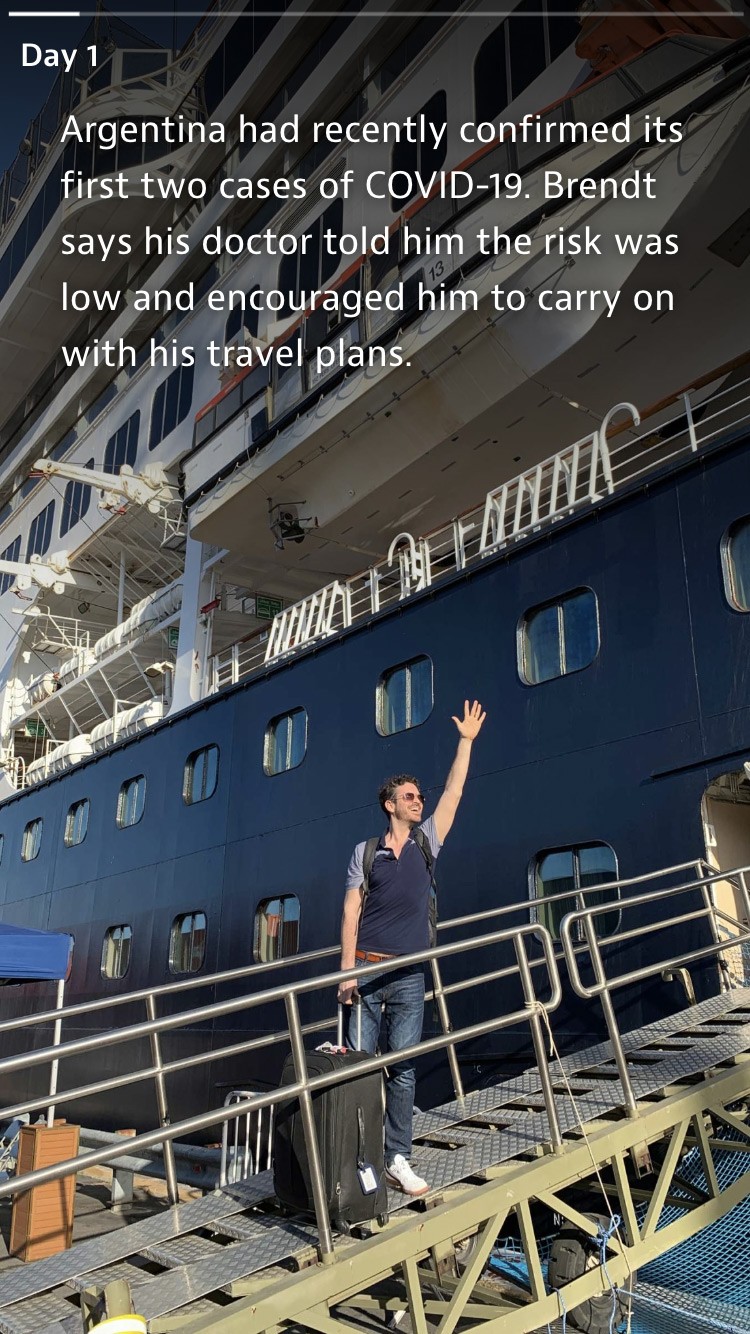 Brendt waving on the ramp of the cruise ship.