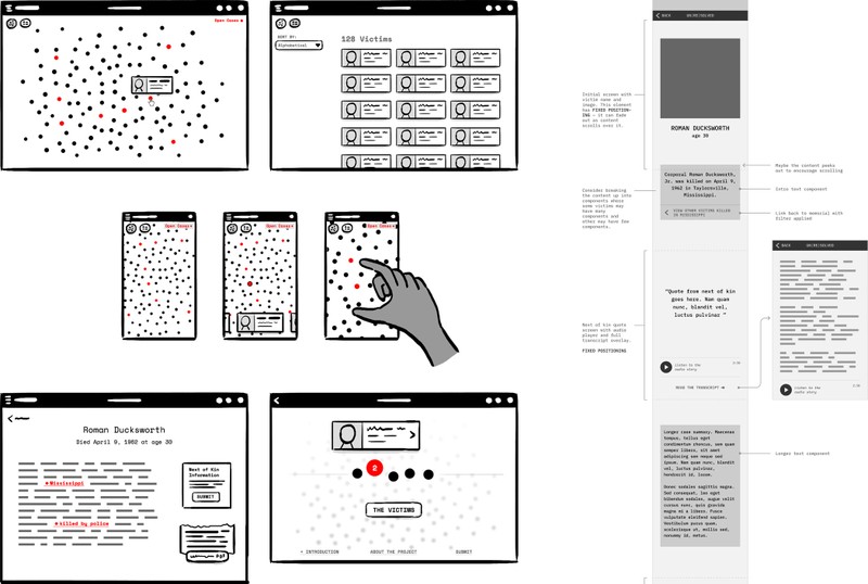 Early sketches and wireframes of the Un(re)solved database experience showing the list of victims and a victim's case summary page.