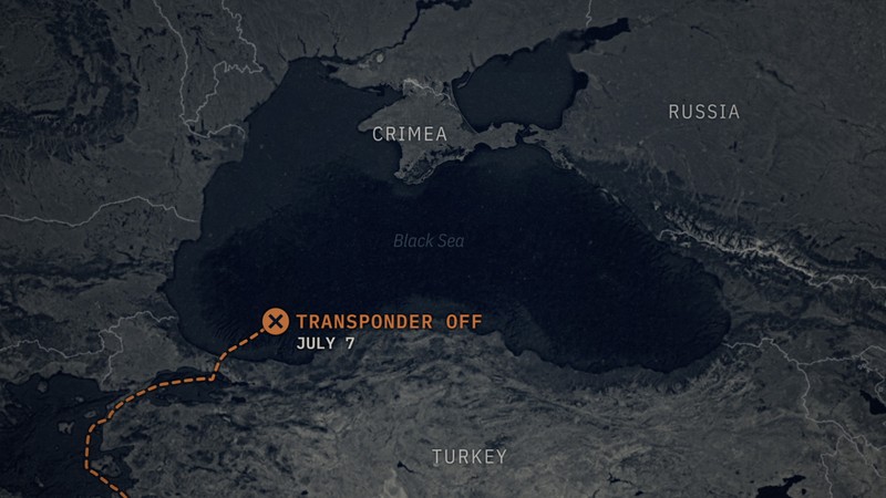 A map of the Black Sea and surrounding countries with an overlayed graphic that says ”transponder off.”
