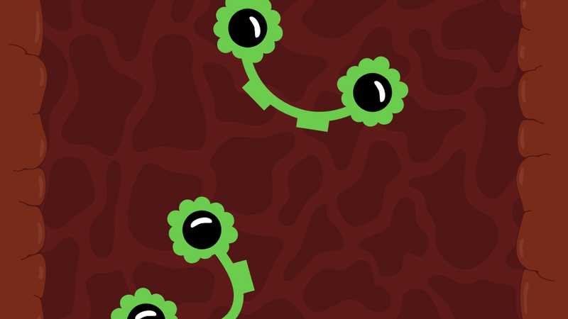 An illustration from a game about asthma showing mold particle characters inside the lungs.
