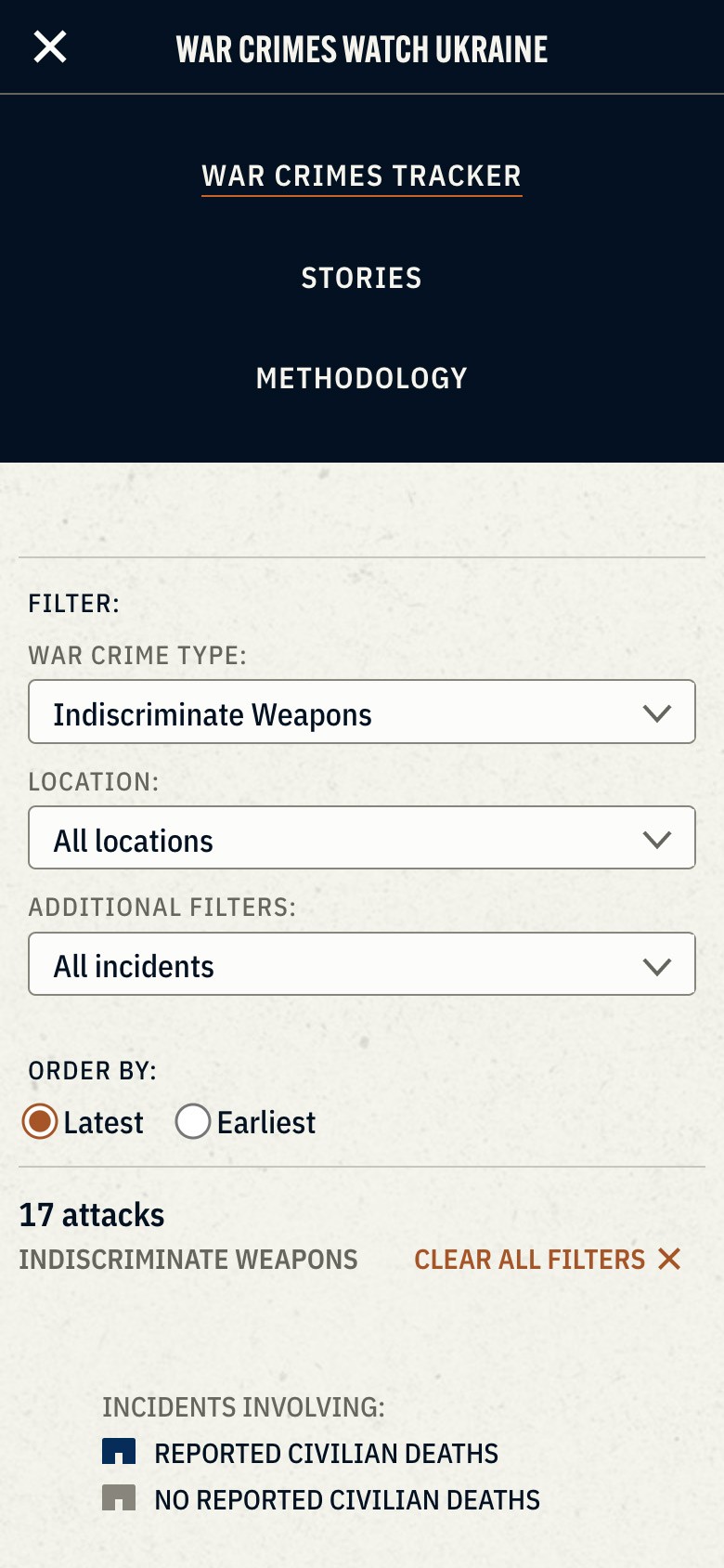 A mobile screenshot showing navigation and a filtering interface for a war crimes database.