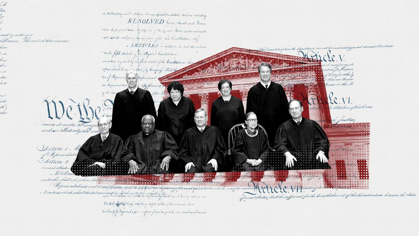 A collage image of the Supreme Court justices combined with an image of the Supreme Court building and textures created from the U.S. Constitution document.
