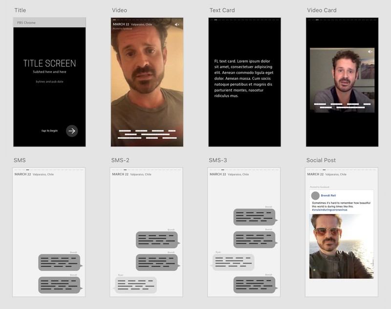 A wireframe prototype showing eight early screen designs for The Virus At Sea.