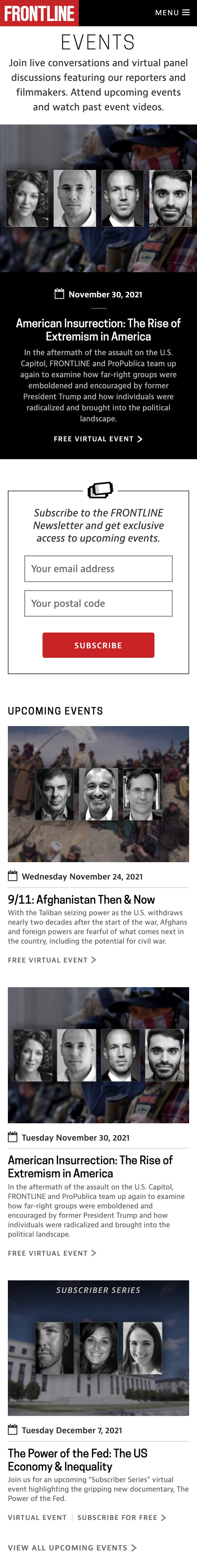 A mobile layout of the FRONTLINE events section page.