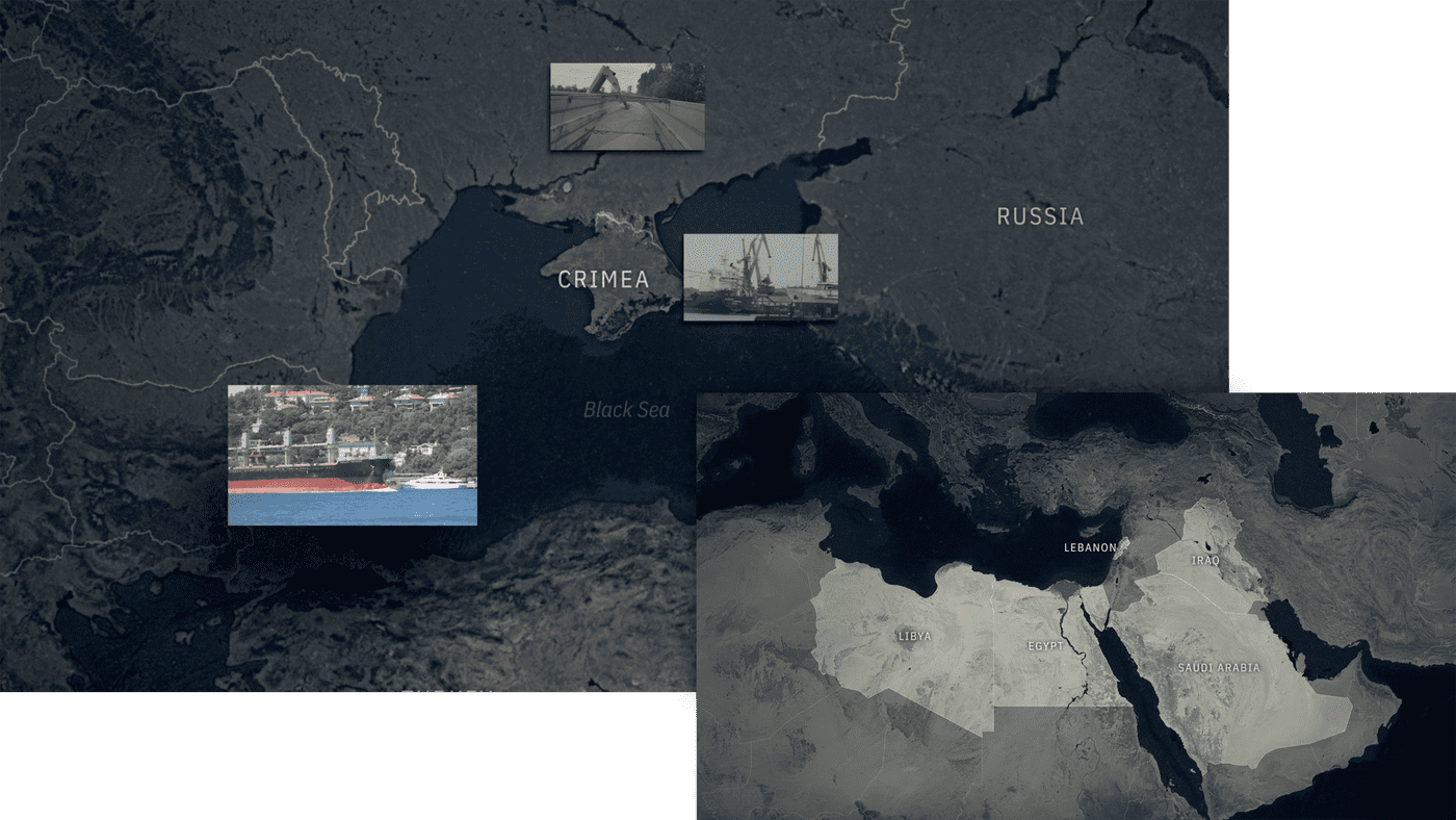 A map of Crimea and the Black Sea with photographs of grain shipping, and a second map showing highlighted countries in Africa and the Middle East.