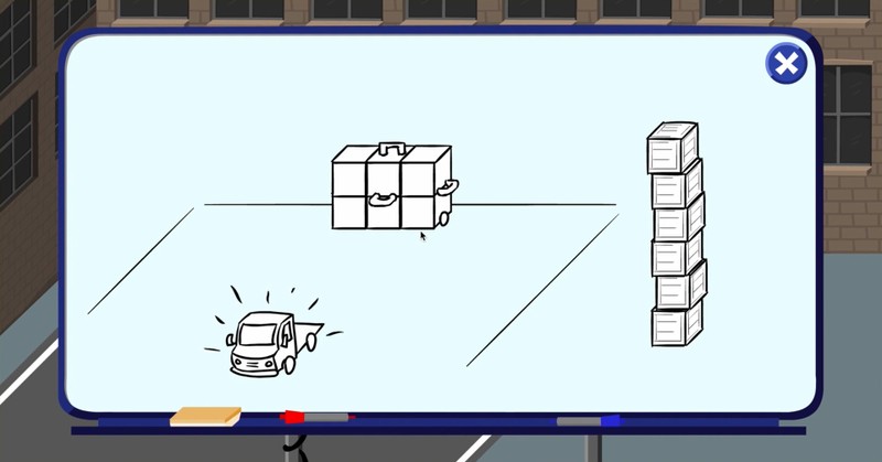 A game instruction screen showing a whiteboard drawing of Bluff's box packing game.