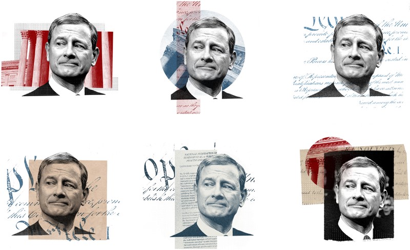 Six different images of chief justice John Roberts showing different collage illustration visual directions.
