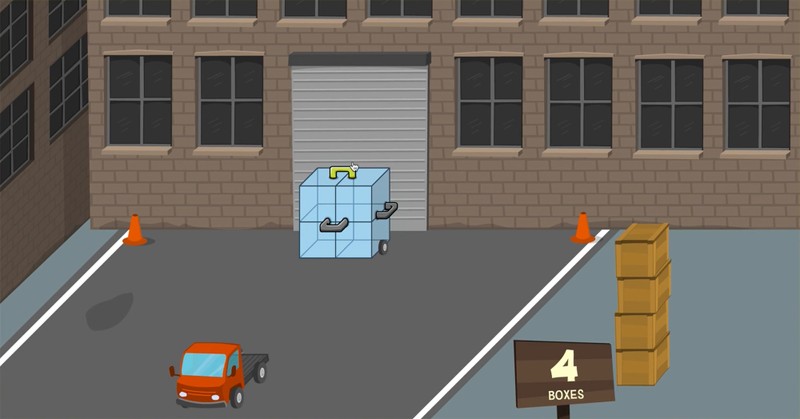A mini game set in the back of Bluff's factory with boxes, a truck and a container ready to be packed up.