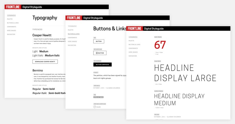 The FRONTLINE digital style guide, showing typography and button styles.