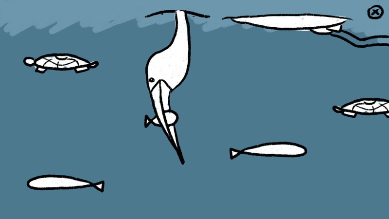 A sketch of a Plum Landing game: an Egret eating a fish.
