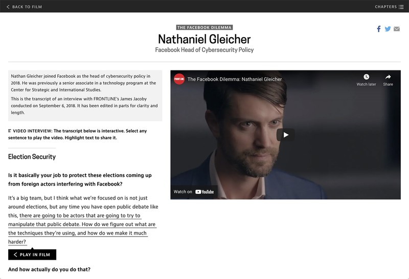 A video interview page shows a video player next to an interview text transcript.