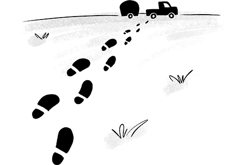 Illustration showing footprints in the desert leading up to a pickup truck with a camper.