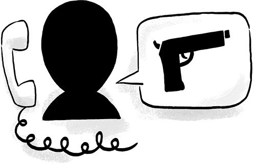 Illustration showing a person making an anonymous tip phone call about a gun.